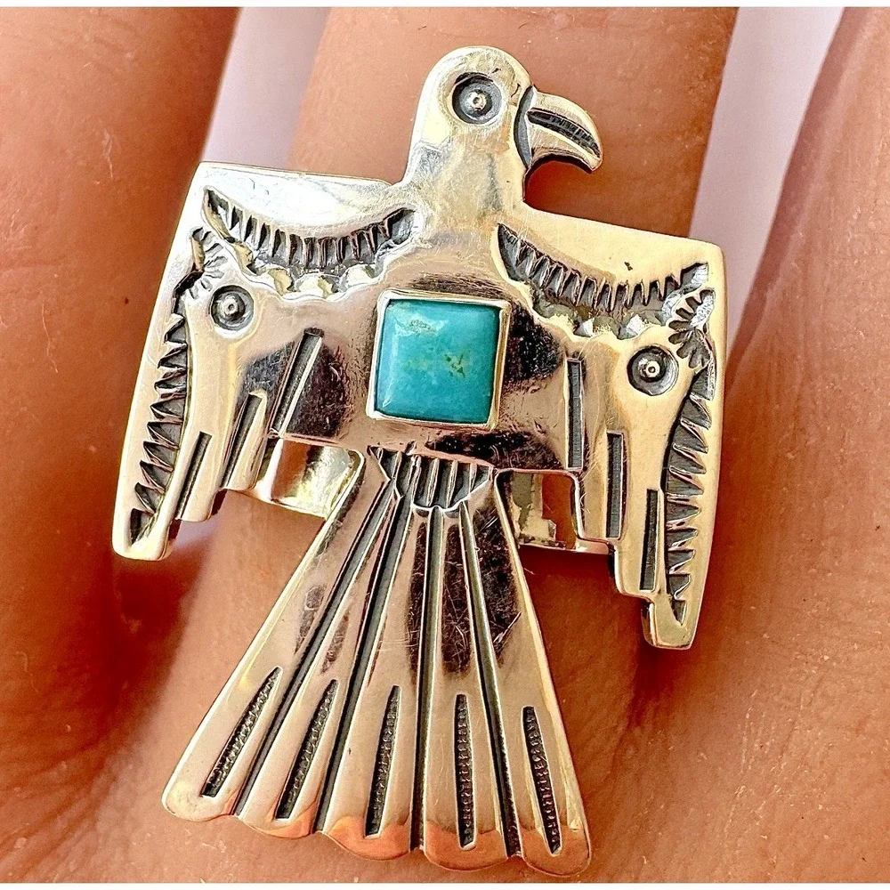 Navajo Turquoise‎ Thunderbird Ring Sz 8 Franklin Johnson Band Native Sterling